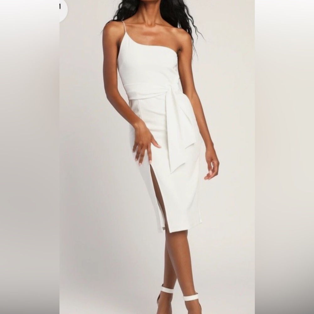 🤍 OLIA 🤍 One-Shoulder White Crepe Bridal Midi Dress with Tie Waist NWT – Size L🤍